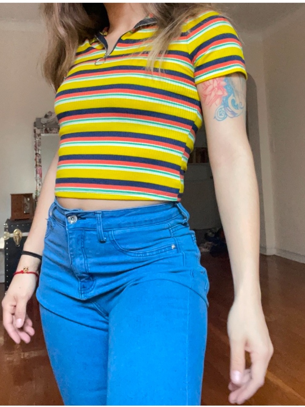 love J Striped Ribbed Polo Crop in Yellow, Red, Green, Navy